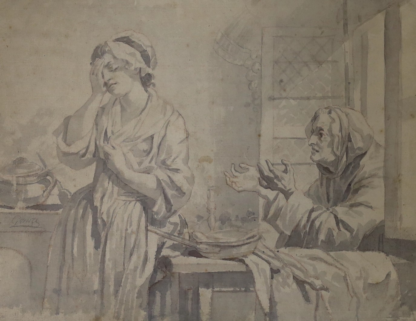 After Greuze, ink and monochrome watercolour, Maid with beggar woman at window, signed, a town scene verso, 30 x 38cm